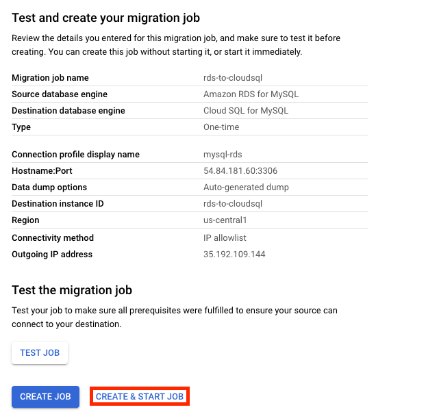 Test and create your migration dialog box with Create and start job button highlighted