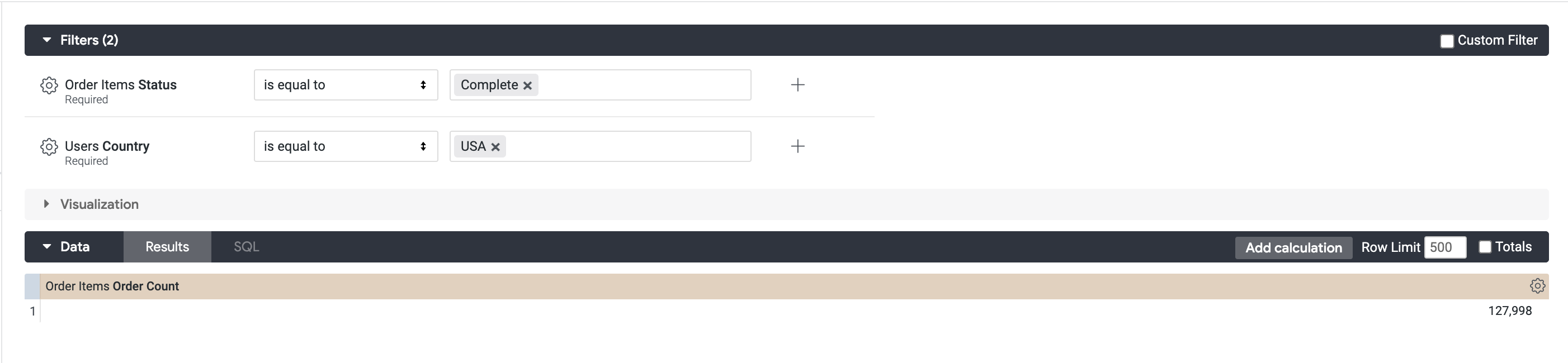 The filter results: Order Items Order Count is equal to 151, 200.