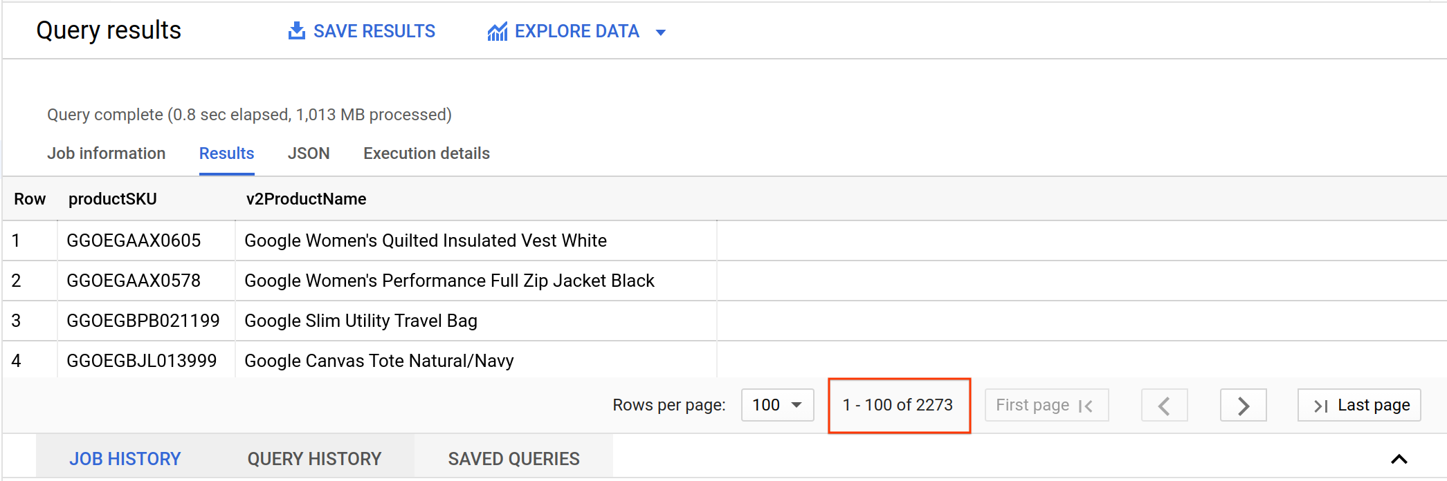 Query results with pagination highlighted