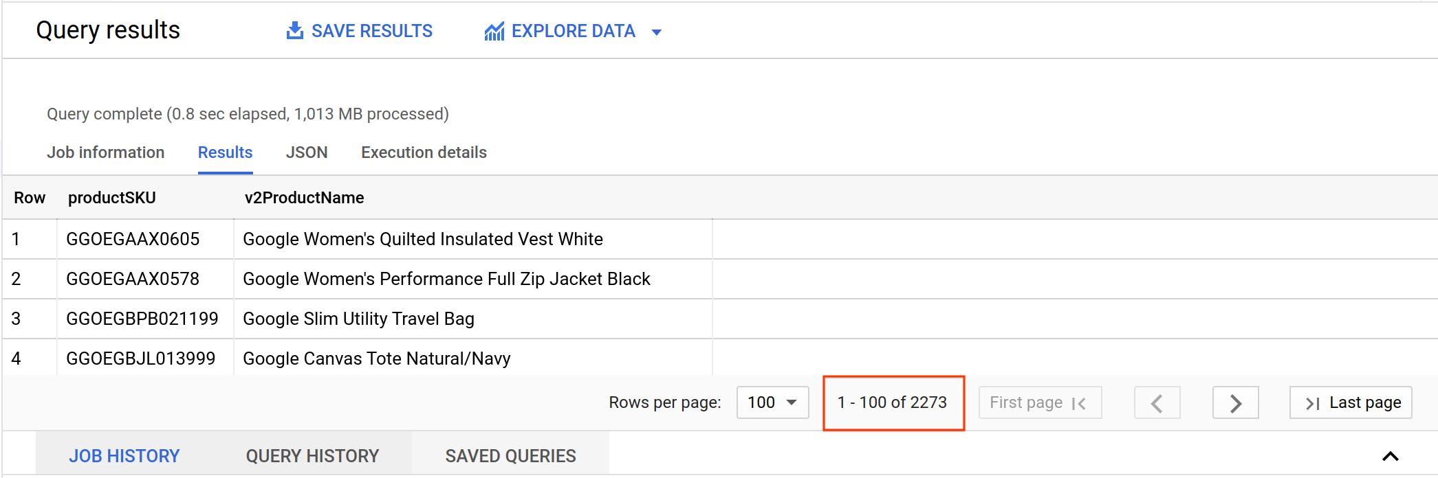 Résultats de la requête avec la pagination mise en évidence