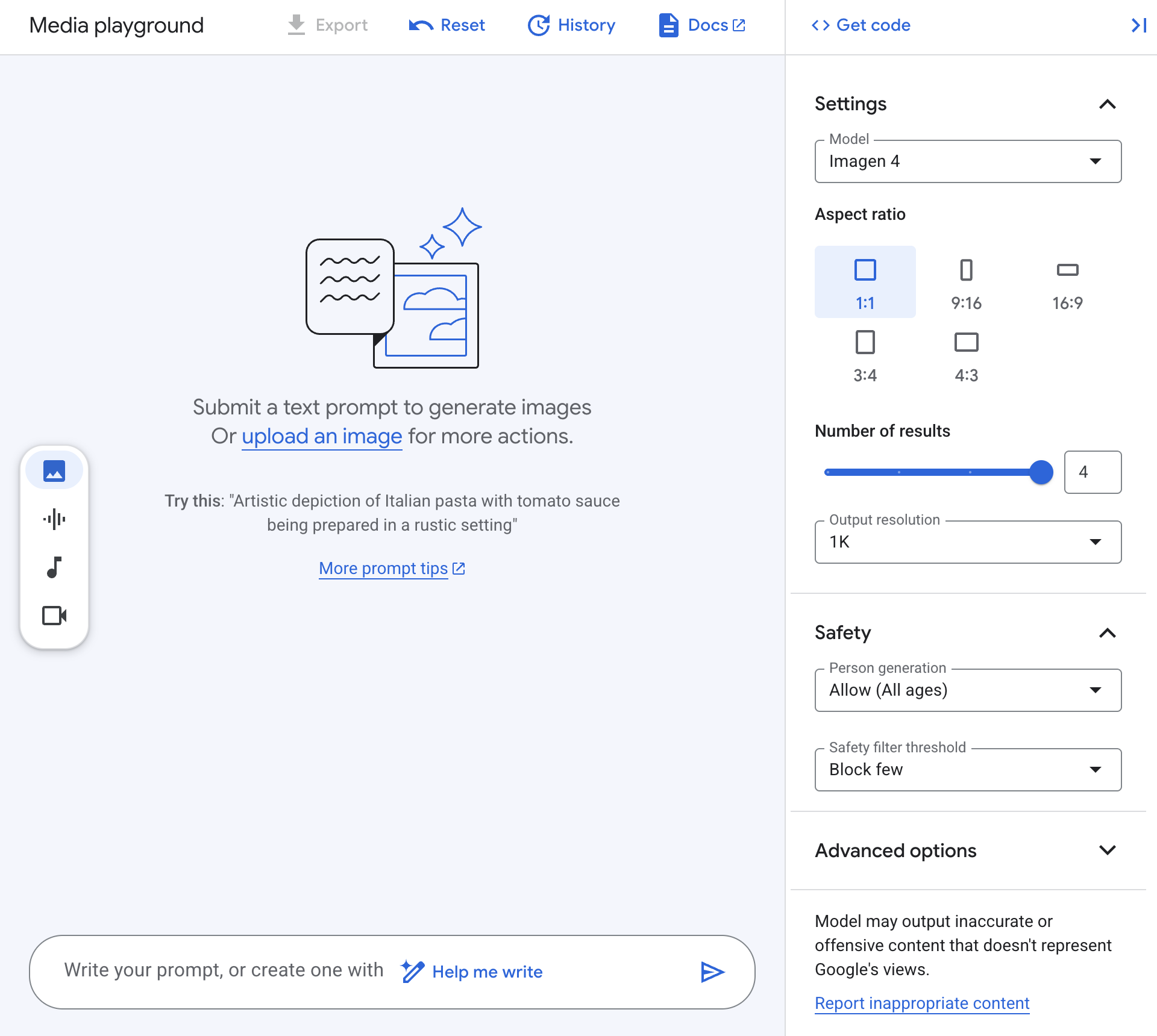 Vertex AI Media Studio configuration page
