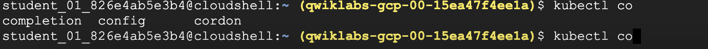 completion、convert、config、cordon など、「co」で始まる出力コマンドがすべて表示されている Cloud Shell