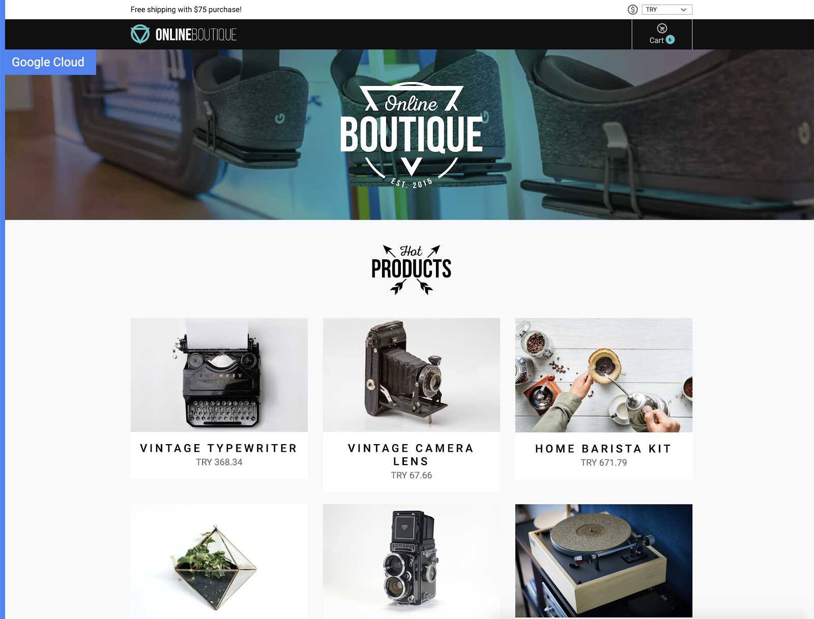 The Online Boutique web page displaying product tiles