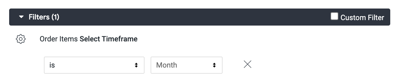 Filters(1) dialog box with order items select timeframe set to is month
