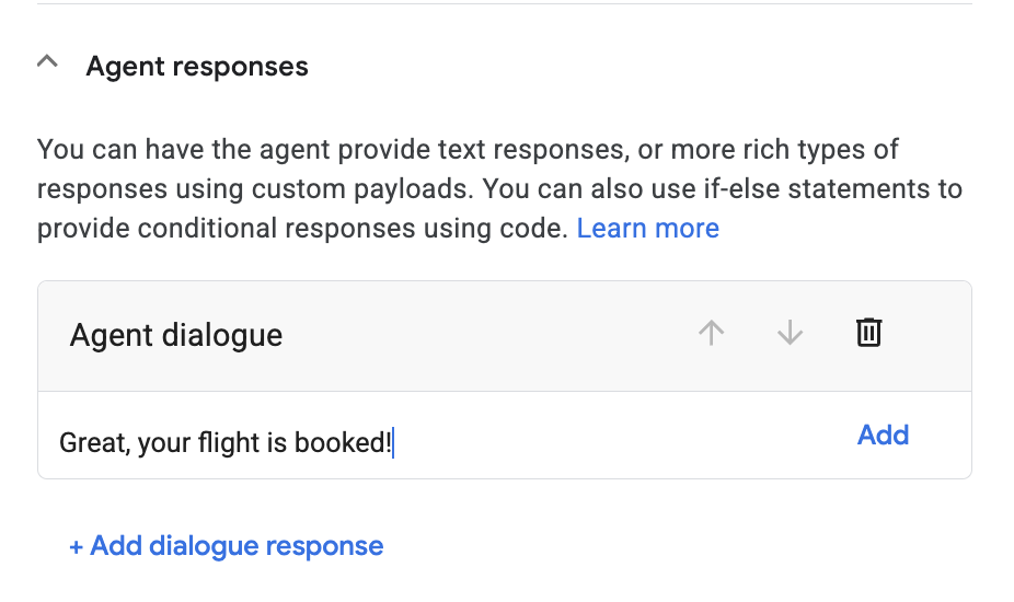 Highlighted Agent dialogue field displaying the message: Great, your flight is booked!