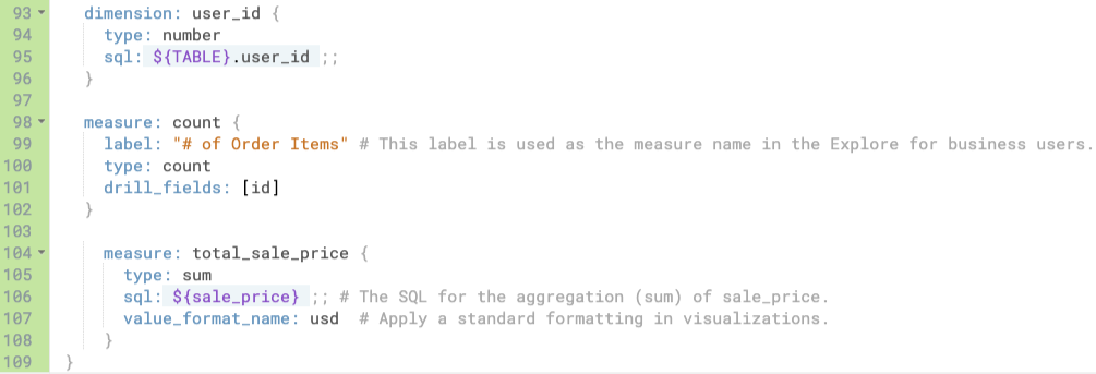 The bottom portion view of order_items.view.lkml