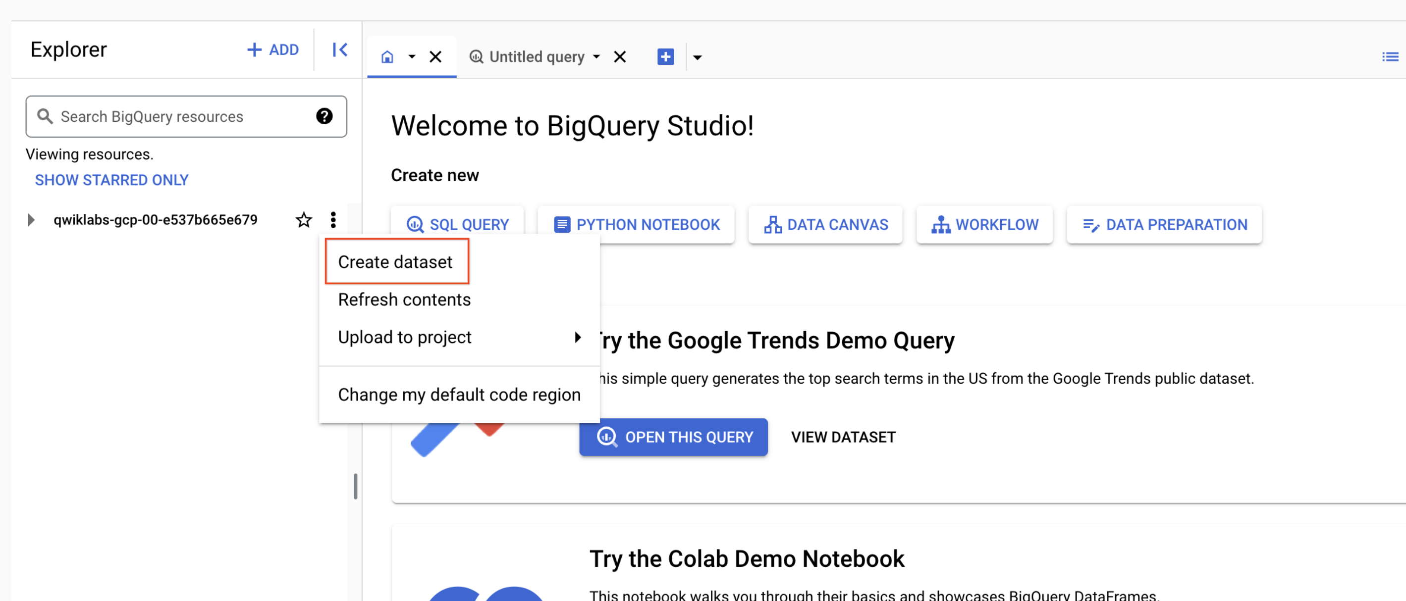 BigQuery console with project name and Create dataset link highlighted