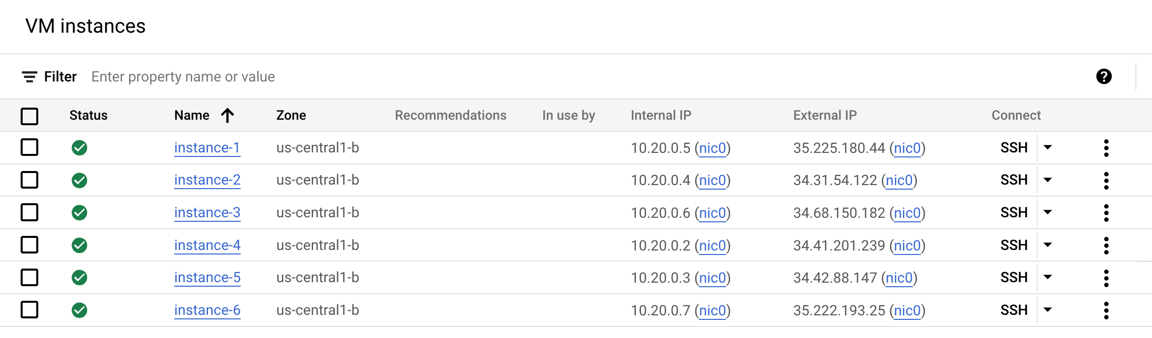 The VM instances page listing six instances and their details in table format