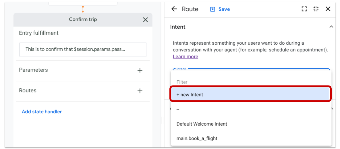 Intent drop-down menu with + new intent option highlighted