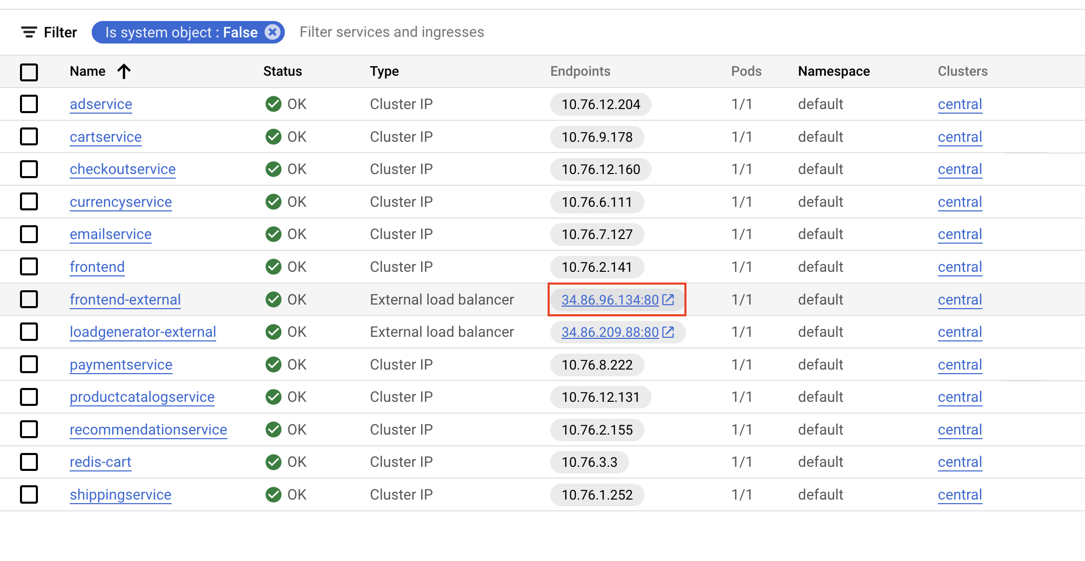 frontend-external IP アドレスがハイライト表示された [Services と Ingress] ページ