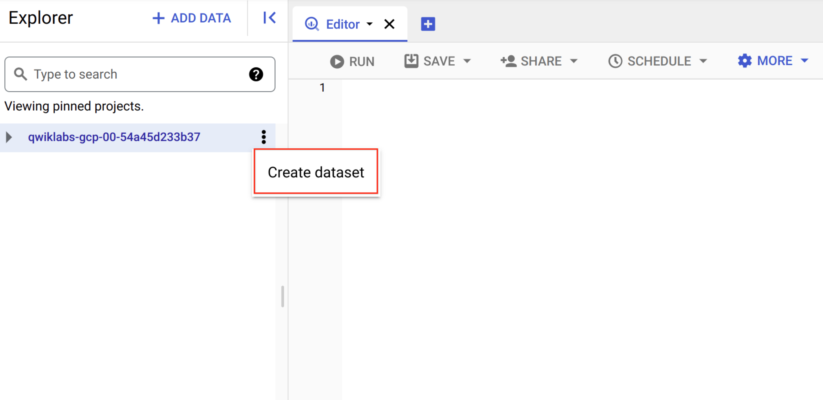 BigQuery console with project name and Create dataset link highlighted