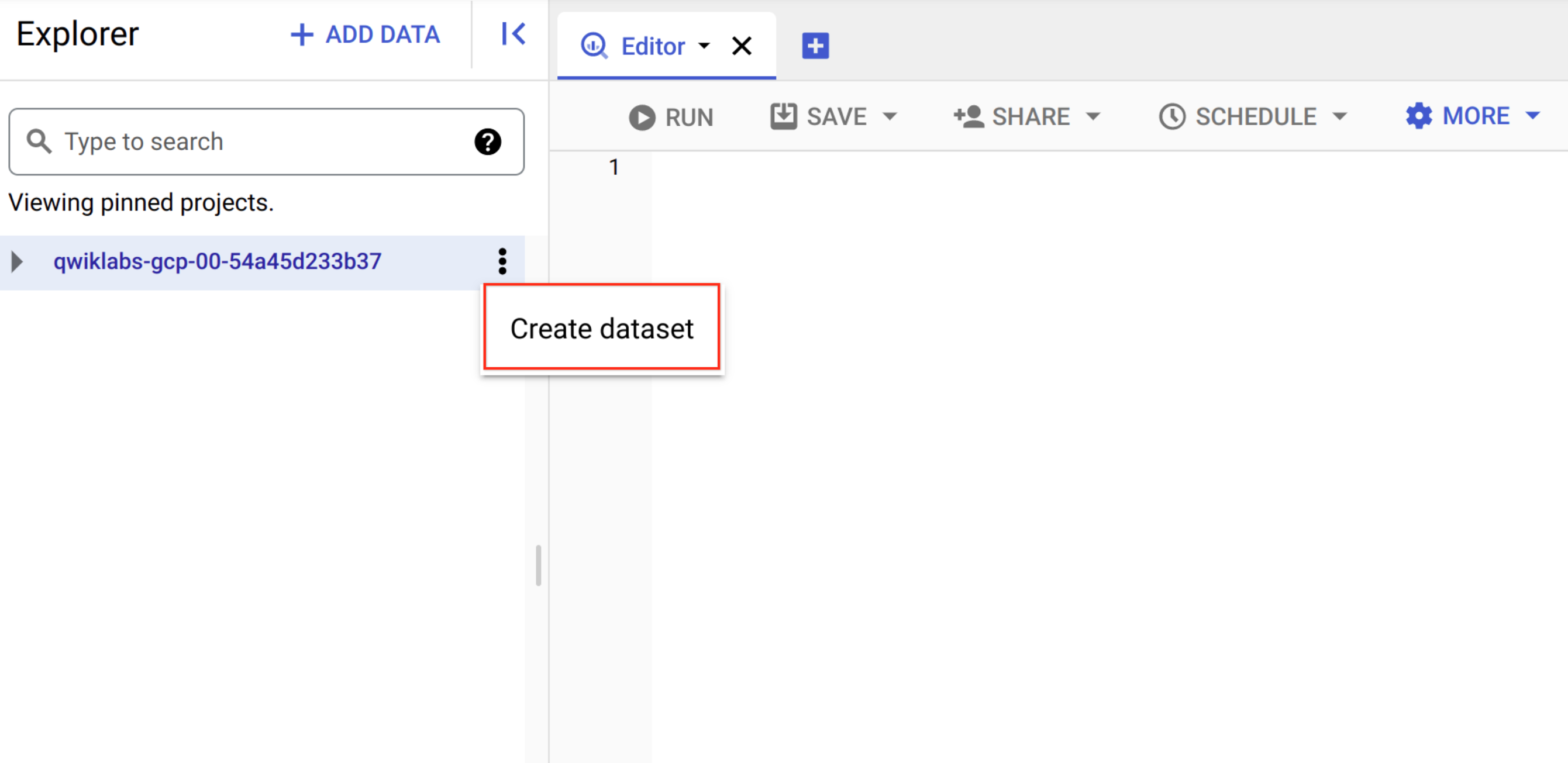 Console do BigQuery com o nome do projeto e o link &quot;Criar conjunto de dados&quot; em destaque