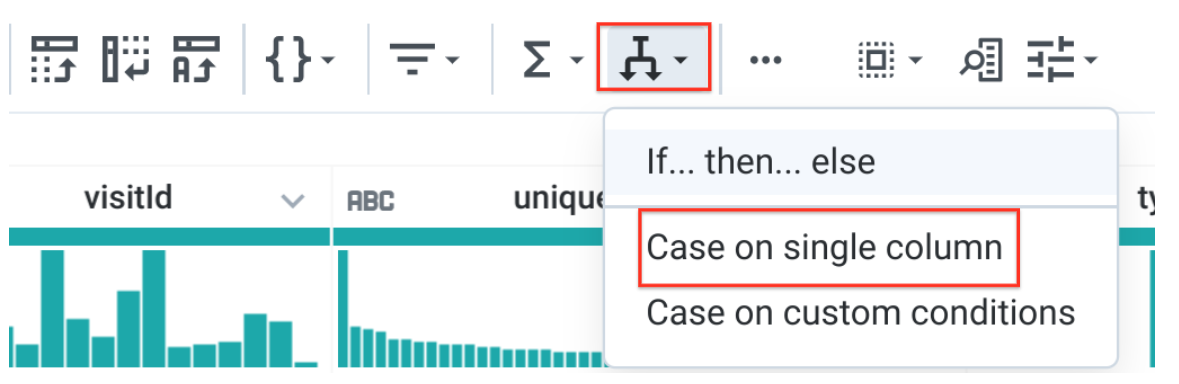 Icône du menu déroulant Conditions et option &quot;Case on single column&quot; (Cas sur une seule colonne) encadrées