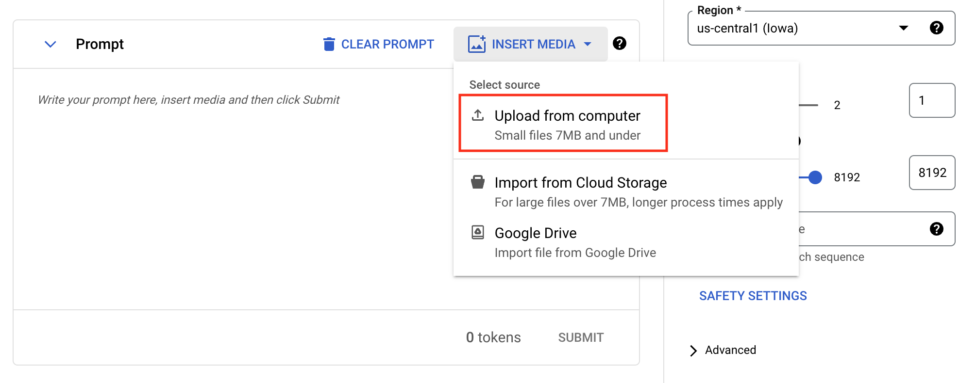 Insert media into Vertex AI Studio