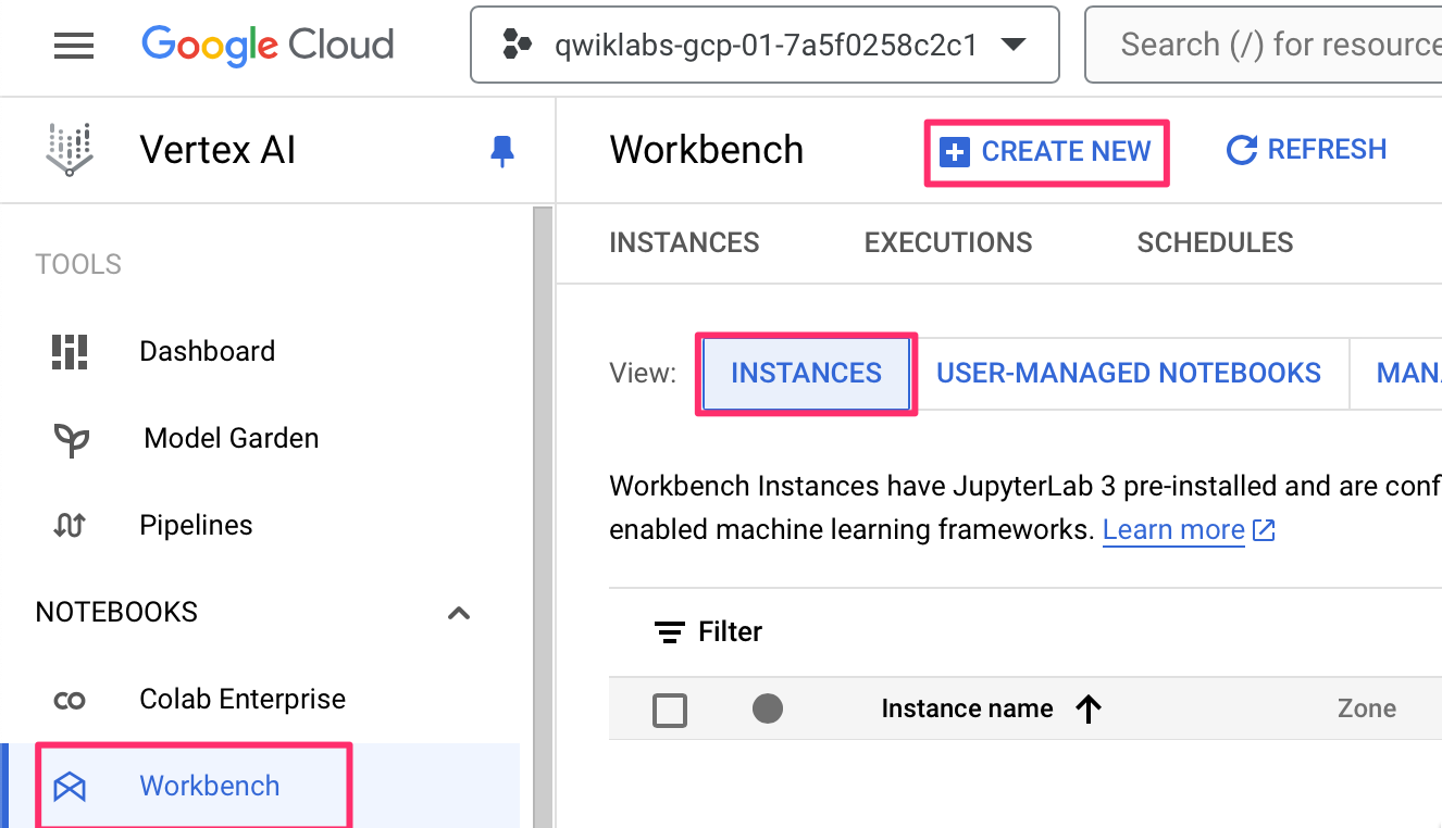 New Workbench instance