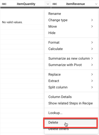 itemQuantity column with the Delete menu option highlighted