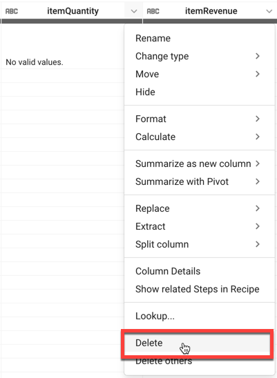 Coluna &quot;itemQuantity&quot; com a opção de menu &quot;Excluir&quot; destacada