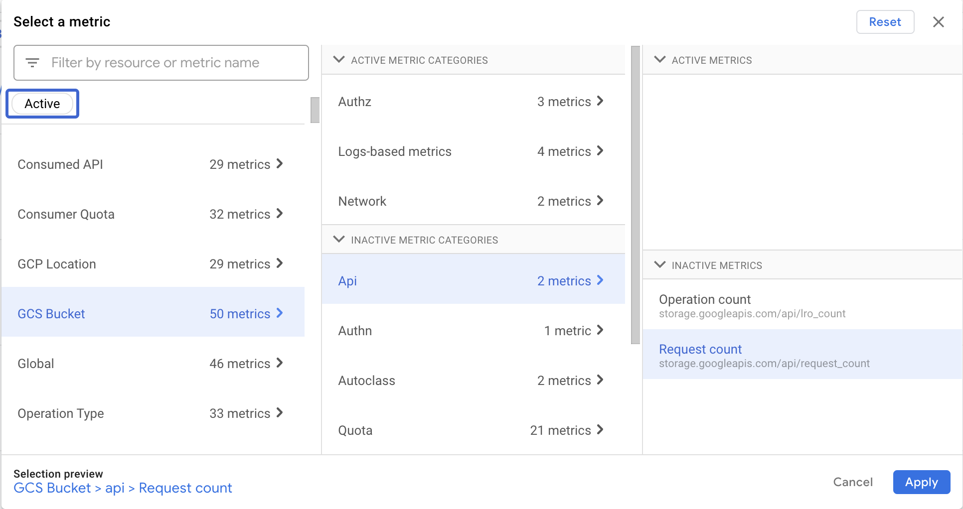 Select a metric dashboard