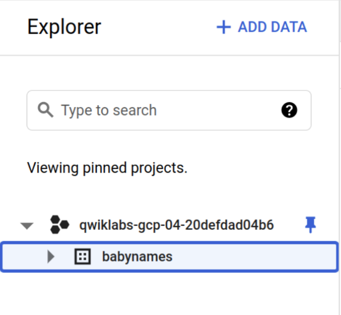 [エクスプローラ] セクションで強調表示されている babynames データセット
