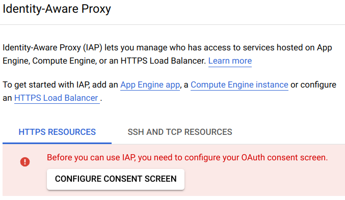 The Identity-Aware Proxy pop-up, which displays a warning message and a Configure Consent Screen button.