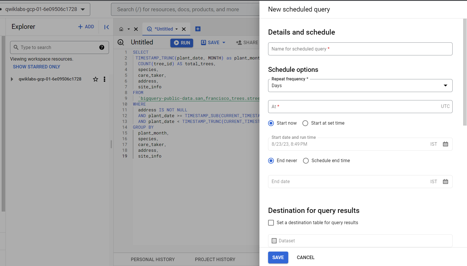 The Create new scheduled query option highlighted in the expanded Schedule menu