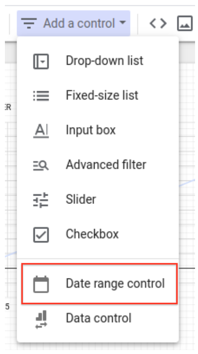 The expanded Add a Control dropdwon menu with the Date range control option highlighted