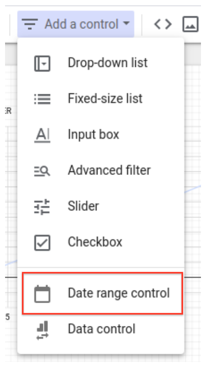 The expanded Add a Control dropdown menu with the Date range control option highlighted