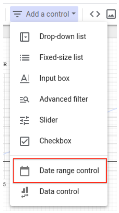 O menu suspenso expandido &quot;Adicionar um controle com a opção &quot;Controle de período&quot; em destaque