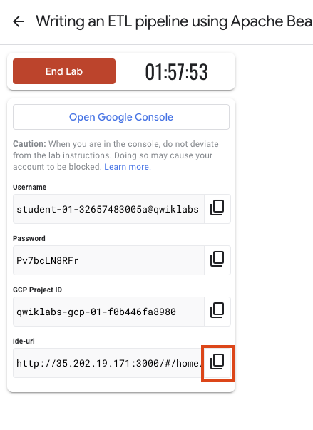 Credentials pane displaying the ide_url