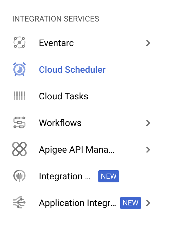 The Cloud Scheduler option selected in the Integration services section of the navigation menu