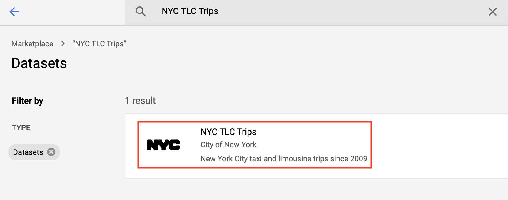 The search results, wherein the NYC TLC Trips tile is highlighted alongside the 'Filter by' menu.