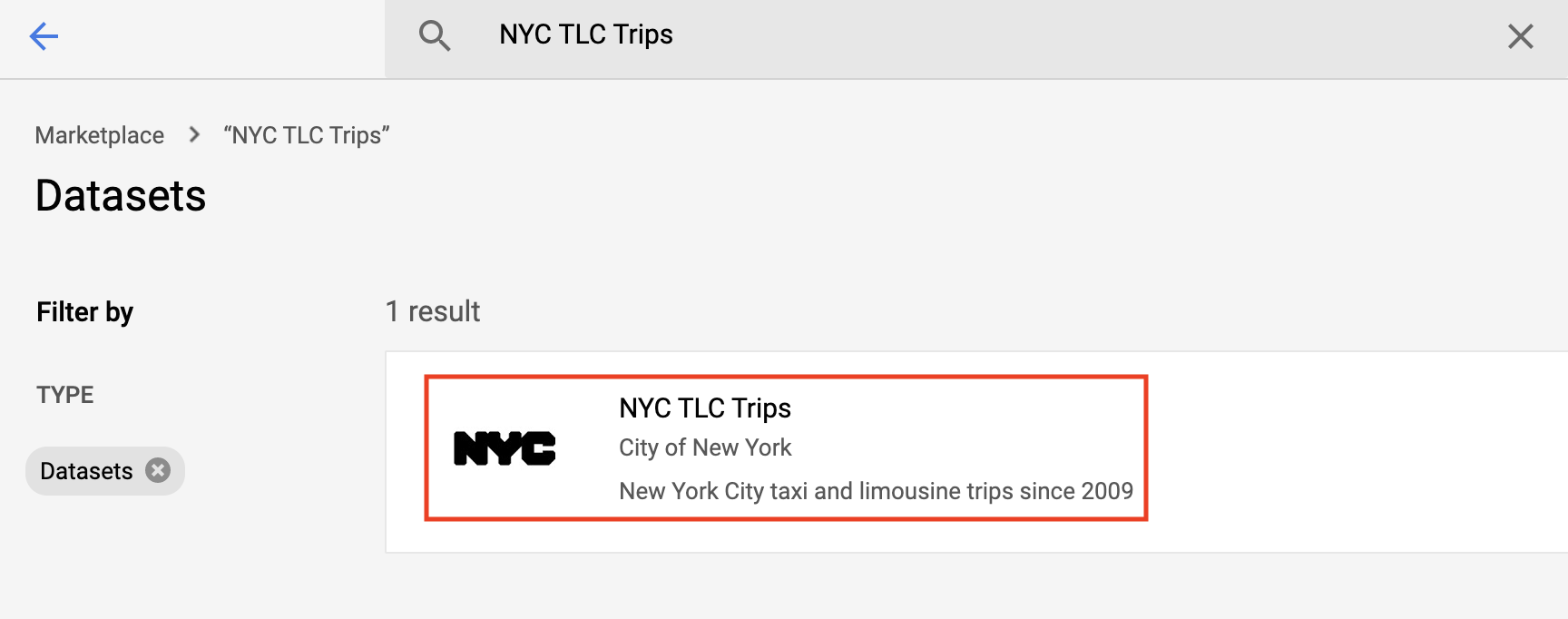 Os resultados da pesquisa, em que o bloco &quot;NYC TLC Trips&quot; está em destaque ao lado do menu &quot;Filtrar por&quot;.