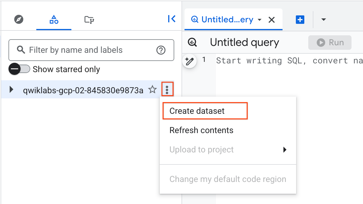 The Create dataset option highlighted on the UI