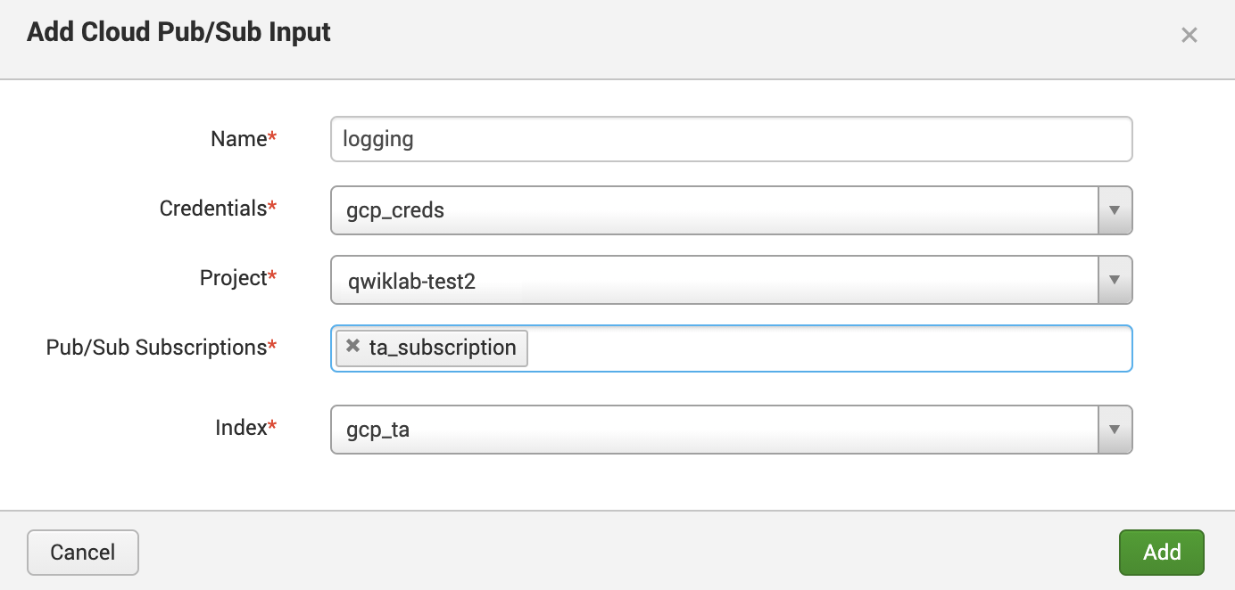 Add Cloud Pub/Sub Input page displaying the input taken from the table