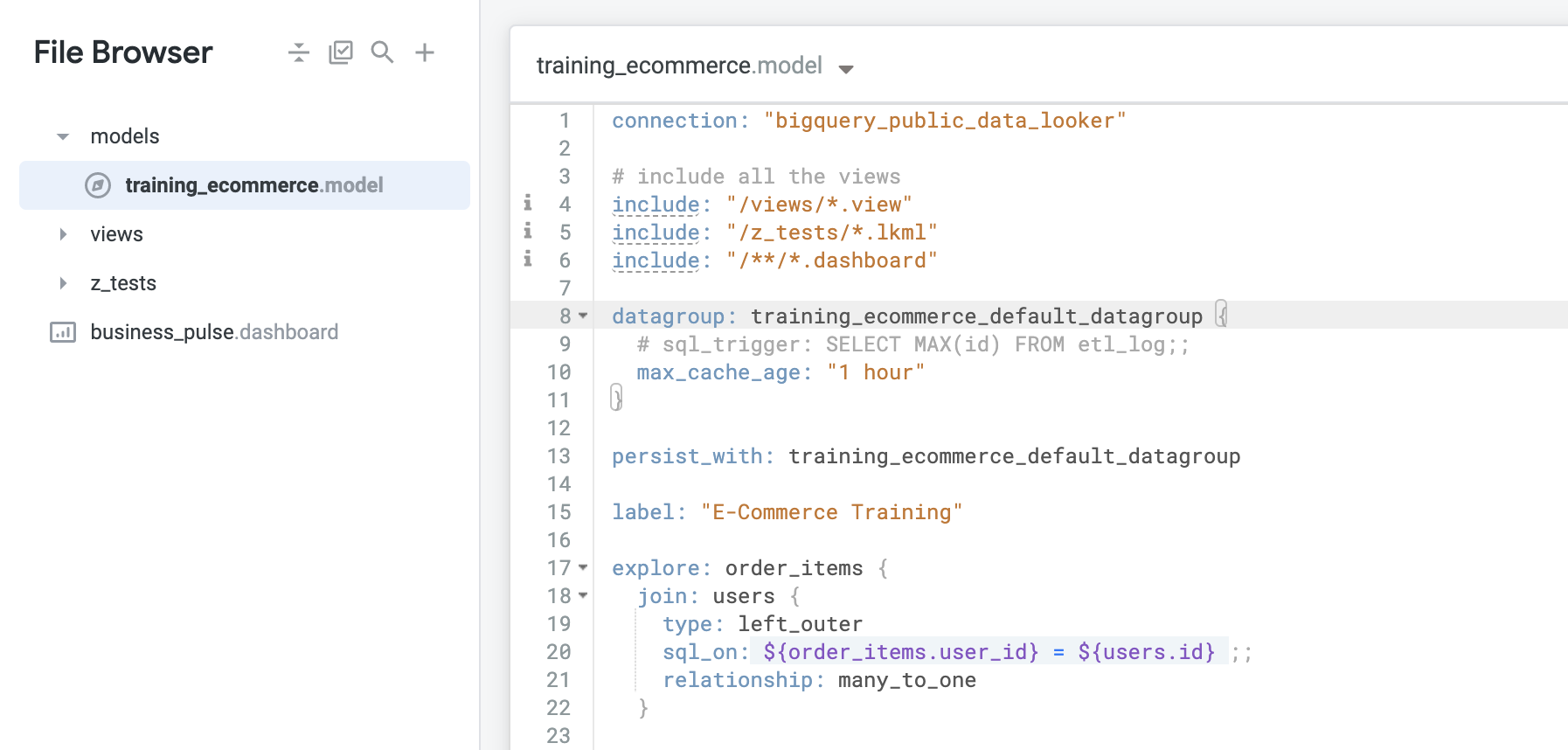 File Browser page displaying the training_ecommerce.model file