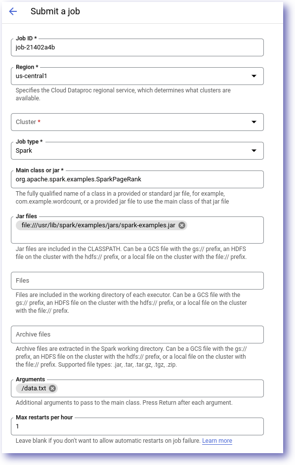 Dataproc job settings