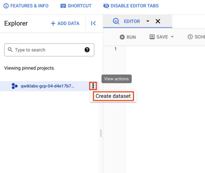 Create dataset option highlighted