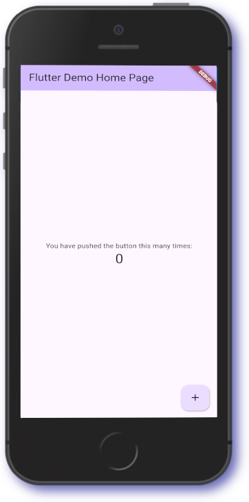 The Flutter Demo Home Page with the message 'You have pushed the button this many times: 0" displayed on a mobile phone screen