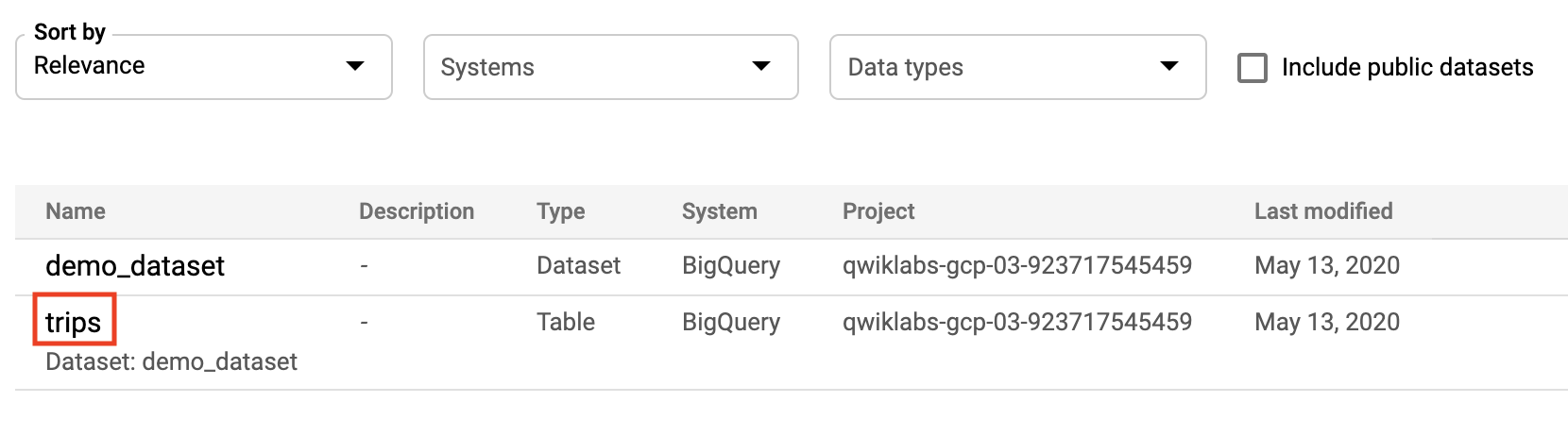 demo_dataset とその仕様が表示され、trips テーブルがハイライト表示されている。