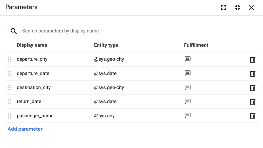Parameters page displaying the list of added parameters