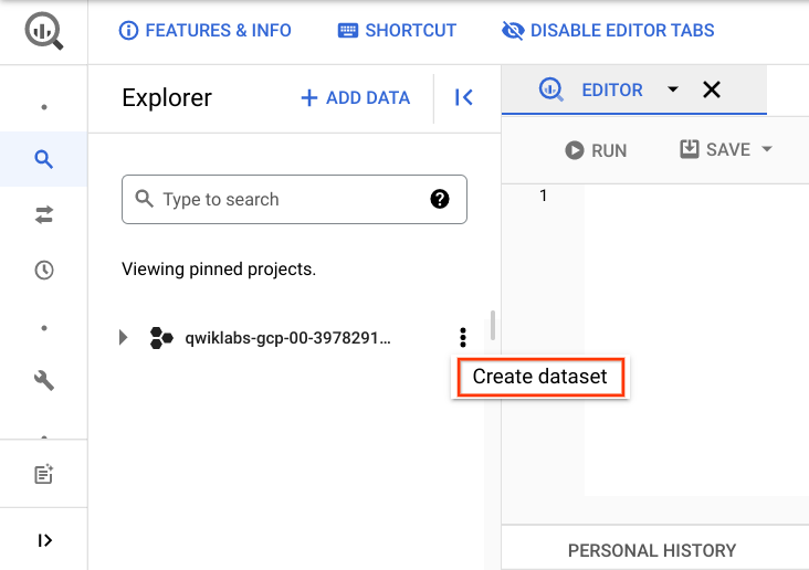 Create dataset option highlighted within the project's dropdownmenu.