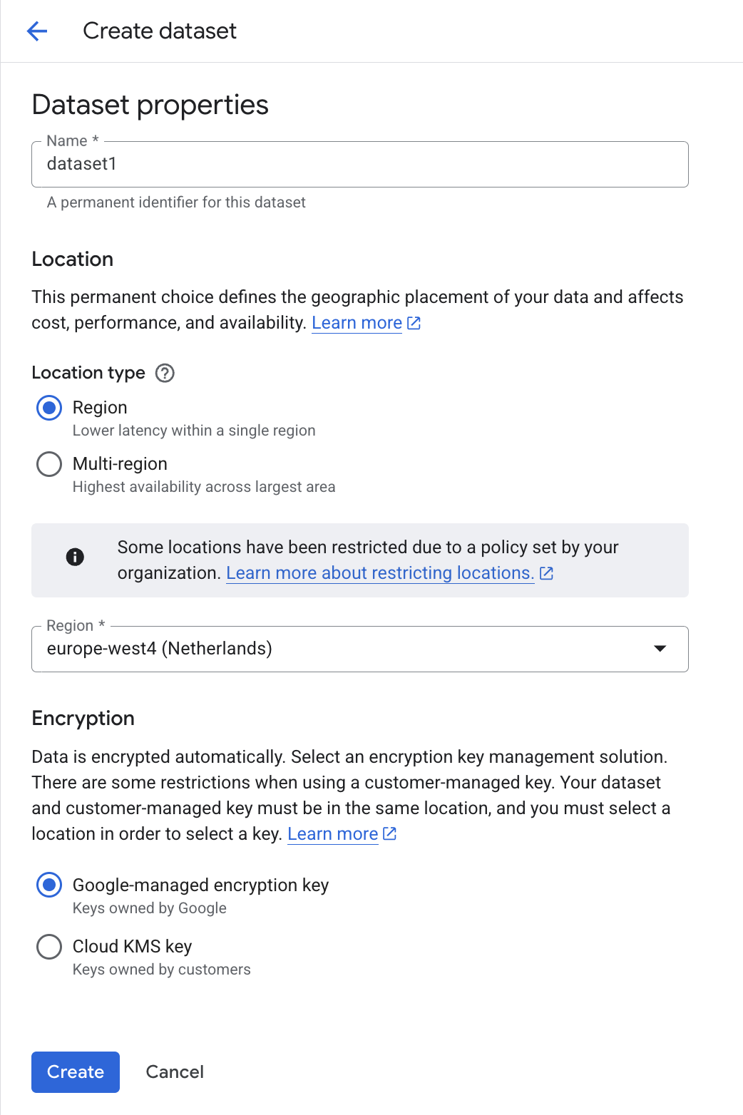 The Create dataset page displaying the dataset name in the Name field of the Dataset properties section