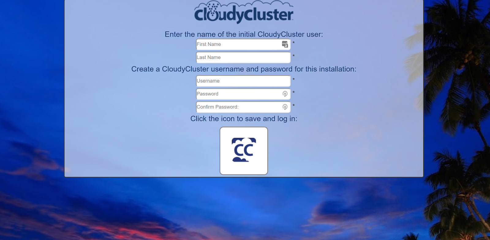 CloudyCluster page displaying username and password fields