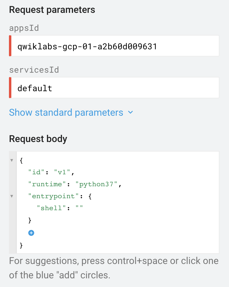 The method displayed in the Request parameters section