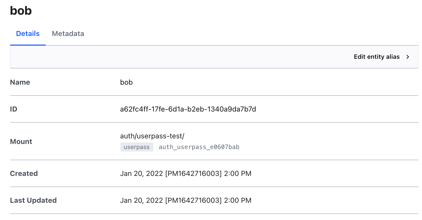 bob Details tabbed page, which includes the name, ID, mount, date created, and last updated date.