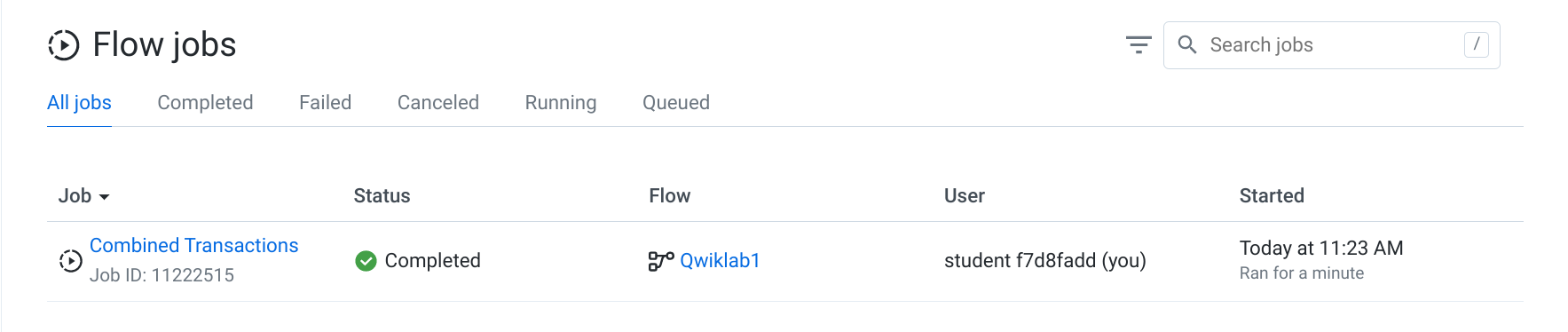 The Status displaying as Completed for the Combined Transactions recipe on the Flow jobs page