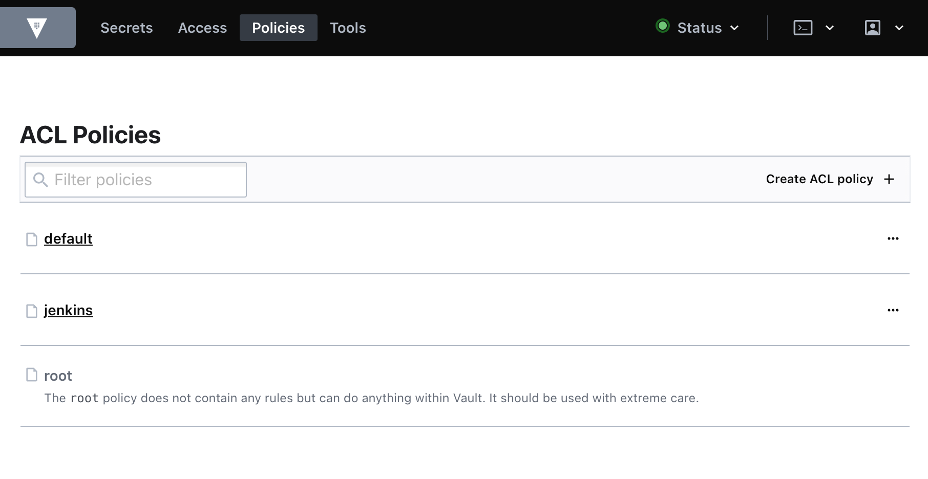 Vault's Policies tabbed page, which lists two folders: default, and jenkins, along with a Create ACL policy button.