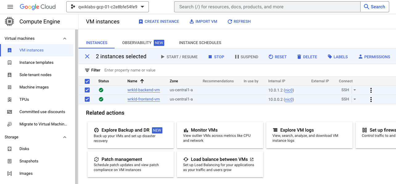 GCP console - stopping workload servers