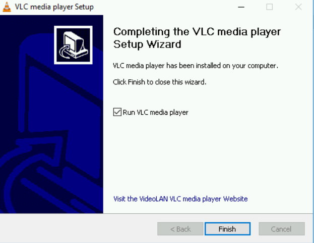 Sceenshot of VLC media player Setup; installer reads "Completing the VLC media player Setup Wizard" with option to "Run VLC media player" selected. Toggled to "Finish" button to complete installation.