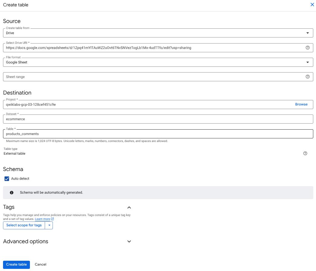 The Create table dialog
